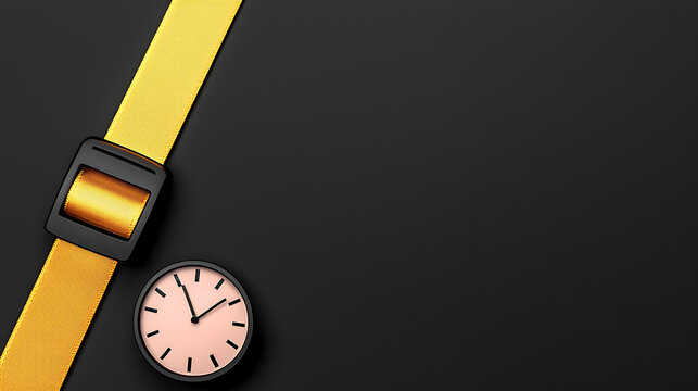 Yellow strap with buckle and a round clock with pink face against a dark background..