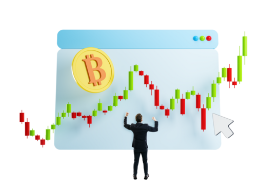 Businessman in suit raising fists in front of Bitcoin candlestick chart, symbolizing financial success and investment growth on white background - Powered by Adobe