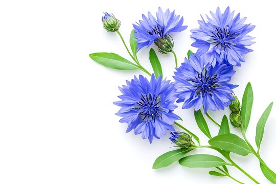 a group of blue flowers and green leaves