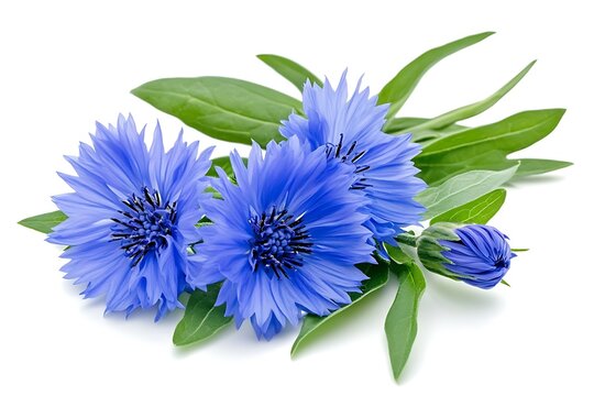 a group of blue flowers and green leaves