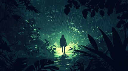 Fototapeta premium A lone figure traverses a jungle path, illuminated by a soft green light.