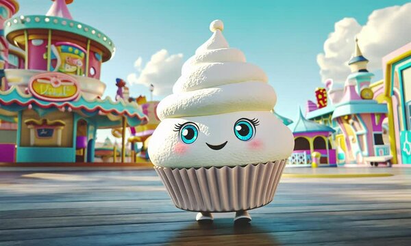 3d cute cupcake character in sweet world.
