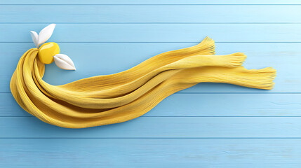 Yellow cloth flows from a yellow fruit with leaves on a light blue wooden surface.
