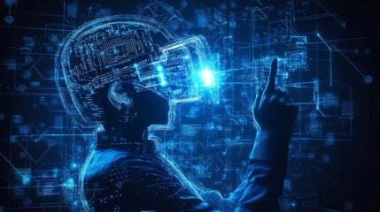 Futuristic holographic interface with neon blue circuit patterns in digital space
