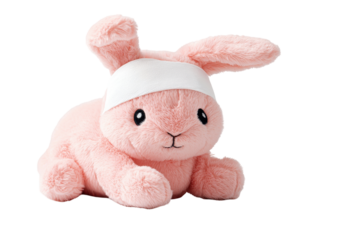 A cute pink plush bunny with a white headband, transparent background.