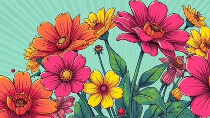 Lebendige Illustration von bunten Blumen auf einem hellgr&uuml;nen Hintergrund, die Fr&ouml;hlichkeit und Naturverbundenheit ausstrahlt.
