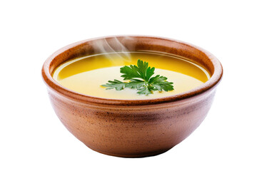 A steaming bowl of delicious soup garnished with fresh cilantro leaves., transparent background.