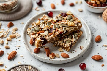 Granola bars on gray plate with nut and seed toppings. AI generated