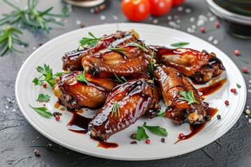 Glazed chicken wings garnished with rosemary. AI generated