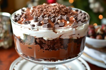 Chocolate trifle with whipped cream and chips. AI generated