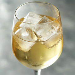 a classic white wine glass filled with large, crystal-clear ice cubes, floating elegantly in chilled, pale golden white wine. 