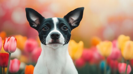 Cute puppy posing in a colorful tulip field