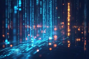 Abstract data visualization with cascading binary code and glowing particles
