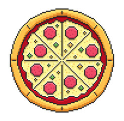 Pizza top view with salami slice in pixel style. Vector illustration