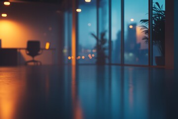 Fototapeta premium Serene office sunset with potted plant and laptop. AI generative