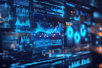 Sleek digital interface with real-time analytics and neon blue graphs
