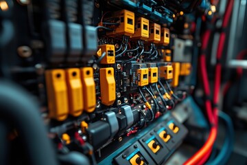 Close-up of vehicle electronic wiring and control systems, highlighting complex circuitry and connections. , Full HD, 32 k Resolution