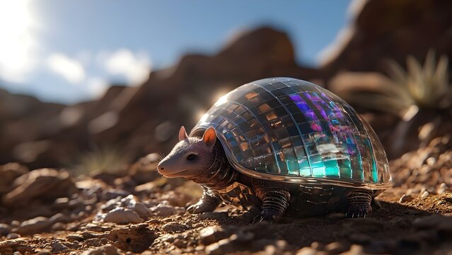 A futuristic tortoise with a reflective, disco ball-like shell set in a arid landscape. Concept Futuristic Tortoise, Reflective Shell, Disco Ball Design, Arid Landscape, Surreal Environment