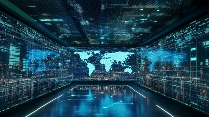 Immersive holographic global digital map with glowing nodes and interconnecting lines
