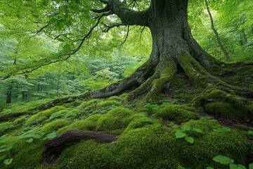 Obraz premium Ancient Tree with Mossy Roots in a Lush Green Forest