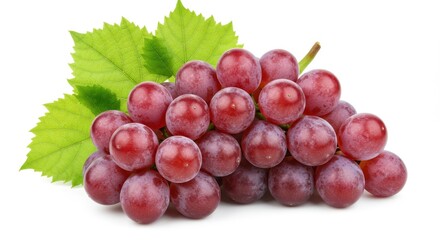 Obraz premium Close-up of Purple Grapes with Leaves on White Background