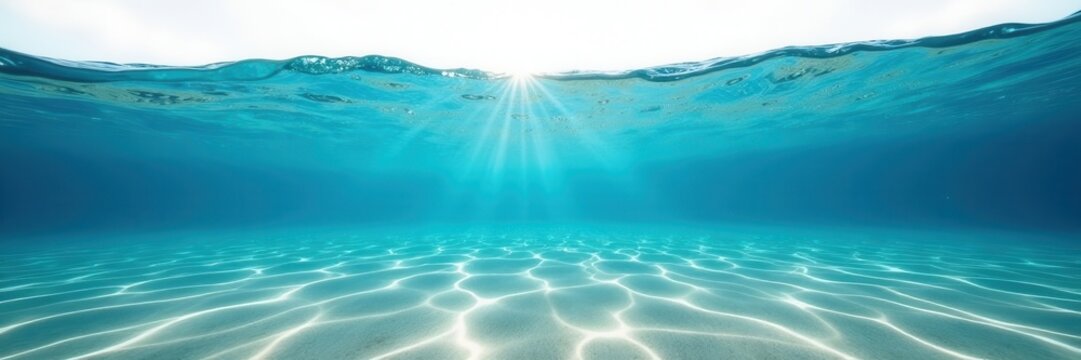 Underwater wave panorama, blue ocean swimming pool Sandy sea bottom isolated on white , underwater, swimming pool, sea