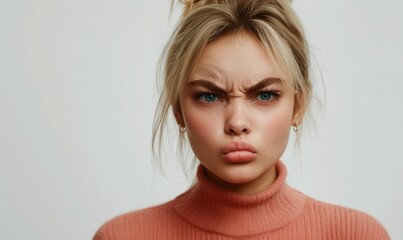 Naklejka premium Blonde beautiful woman model facial expressions in pink sweater