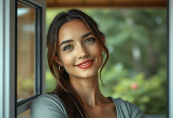 Fototapeta premium Natural light female portrait in a window