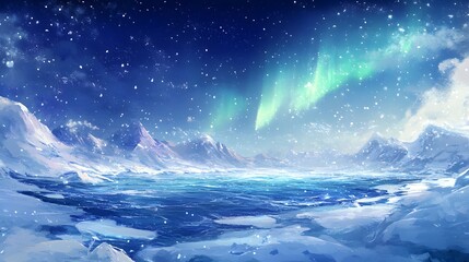 Fototapeta premium A beautiful snowy landscape with aurora lights in the sky