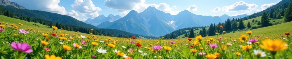 Obraz premium Vibrant wildflowers carpet a verdant meadow, majestic mountains rise in the distance , peaceful, texture, plant