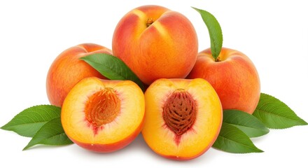 Ripe Peaches with Leaves on White Background