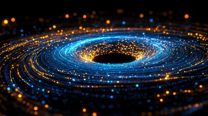 Mesmerizing digital spiral with luminous particles and neon trails
