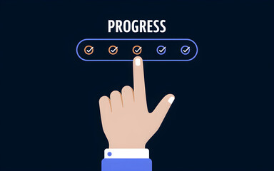 Fototapeta premium Hand pointing to progress indicator, showcasing achievement. A hand, in a light skinned tone, is pointing to a progress bar with check marks.