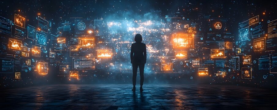 Futuristic Digital Cityscape with Glowing Business Analytics Icons Representing Sales Metrics