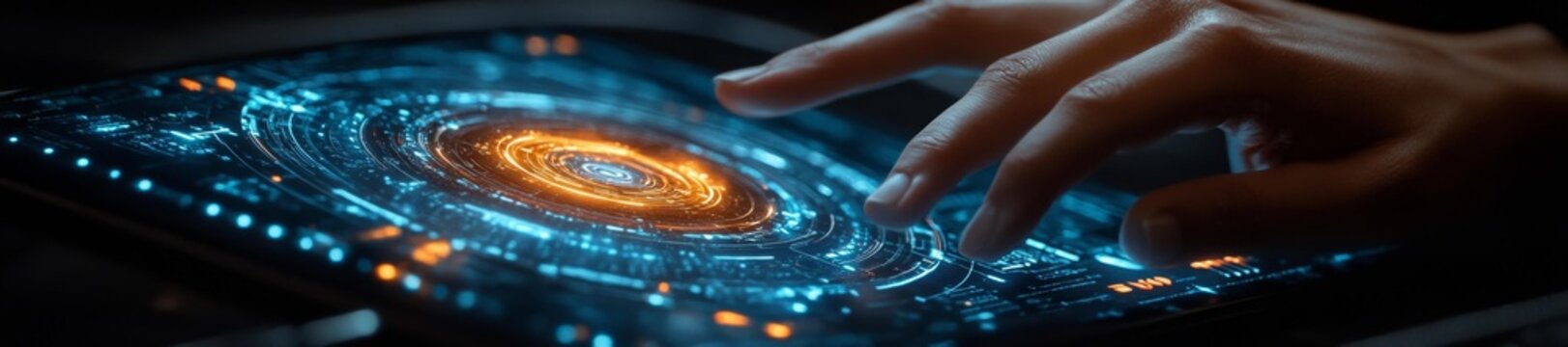 Close-up of a hand interacting with a futuristic touch interface displaying digital data. Generative AI
