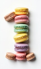 A vibrant and artistic representation of letters or numbers crafted from colorful macarons. The pastel hues of pink, green, yellow, and lavender create a visually delightful composition.