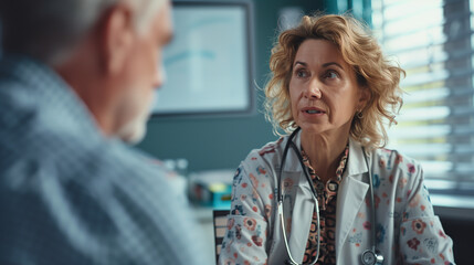 Fototapeta premium A senior female doctor in a floral medical coat attentively consulting with an elderly patient in a clinic. The image highlights professional healthcare and patient care interaction.