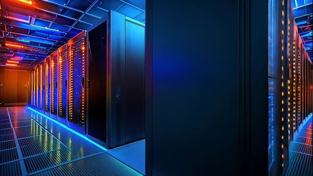 Data center with rows of servers lit in blue and orange