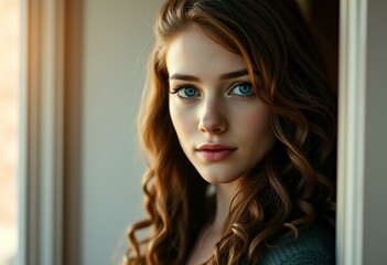 Photorealistic natural light female portrait in a doorway