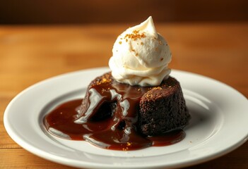 Warm, golden lighting highlights the rich, velvety texture of the chocolate lava cake.