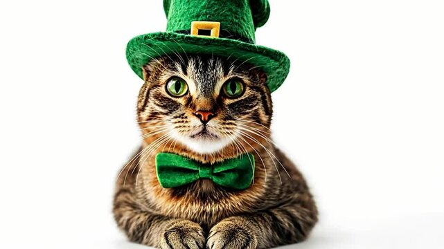 Portrait of a ginger cat wearing a green leprechaun hat, celebrating saint patrick's day	
