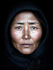 Portrait of mongolian woman wearing traditional clothing in low key lighting