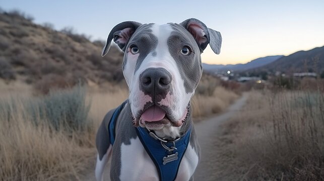 Playful dog hiking desert trail sunset