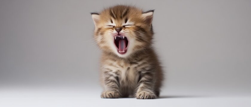 Tiny Scottish Fold kitten with round eyes, folded ears, mid-yawn