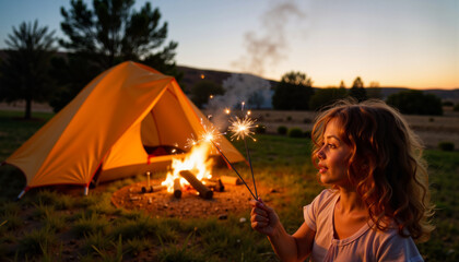 Child waving sparklers during sunset in backyard camping, joyful celebration