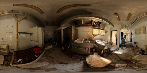 A detailed 360 HDRI panorama of an abandoned and ruined hotel kitchen, capturing the eerie and atmospheric decay of the space. The high-dynamic-range imaging highlights rusted appliances, broken cabin