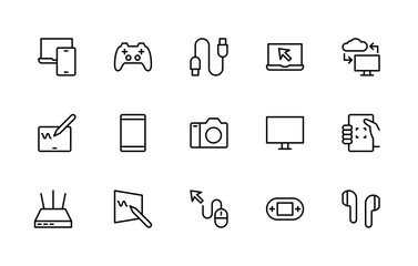 Electronic devices related vector linear icons set. Isolated icon collection such as laptop, smartphone, game, charger and more.