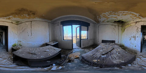 A captivating 360 HDRI panorama of an abandoned and ruined hotel room, showcasing the haunting beauty of decay. The high-dynamic-range imaging reveals intricate details like peeling wallpaper.