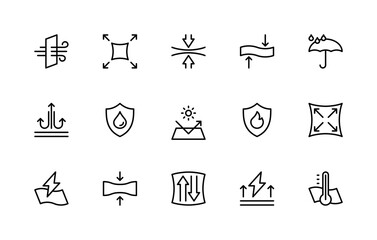 Fabric properties related vector linear icons set. Isolated icon collection such as breathable, stretch, anti-static, durability and more.