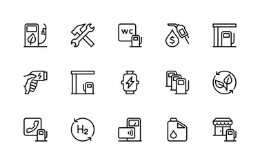 Petrol station related vector linear icons set. Isolated icon collection such as petrol station, maintenance, fuel nozzle and more.